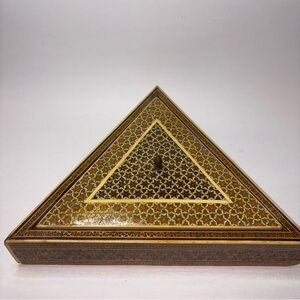 Vintage Inlaid Wood Box Velvet & Carved Glass Inside Micro Mosaic Persian 10”